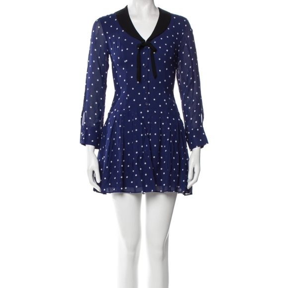 Reformation Tamia Mini dress navy Danube polkadot pattern black collar Sz 0 - Picture 2 of 16